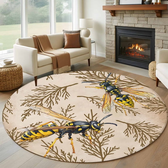 Round Rugs 8 Ft, Vintage Bee Non Slip Area Rugs for Kitchen Bedroom Entryway, Vintage Brown Tree Branch Washable Carpet Runner Rug Floor Mats for Bedroom Home Decor