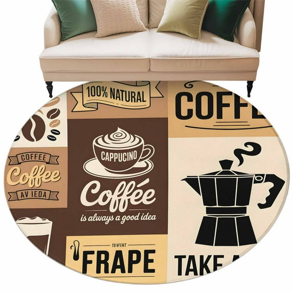 Round Rugs 8 Ft, Vintage Coffee Non Slip Area Rugs for Kitchen Bedroom Entryway, Farmhouse Retro Art Coffee Beans Washable Carpet Runner Rug Floor Mats for Bedroom Home Decor