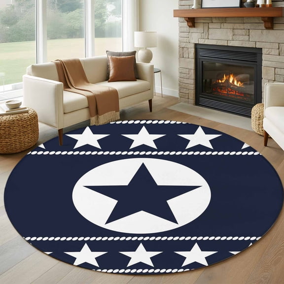 Round Rugs 8 Ft, Western Star Ethnic Non Slip Area Rugs for Kitchen Bedroom Entryway, Navy Blue Texas Ethnic Stars Vintage Washable Carpet Runner Rug Floor Mats for Bedroom Home Decor