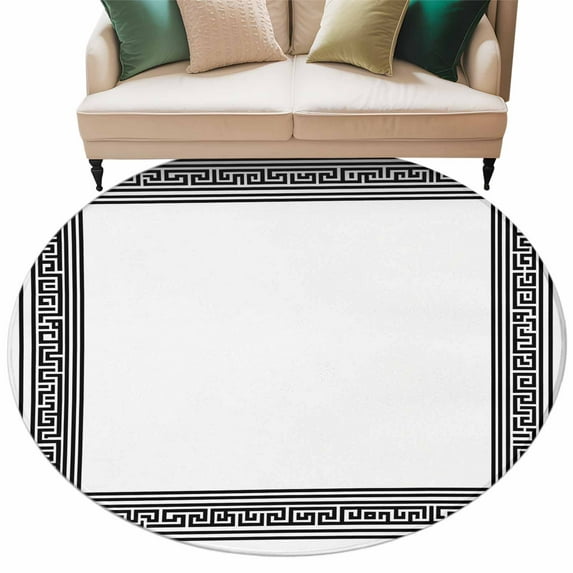 Round Rugs 8 Ft, White Greek Key Non Slip Area Rugs for Kitchen Bedroom Entryway, Geometric Greece Ancient Farmhouse Geo Washable Carpet Runner Rug Floor Mats for Bedroom Home Decor