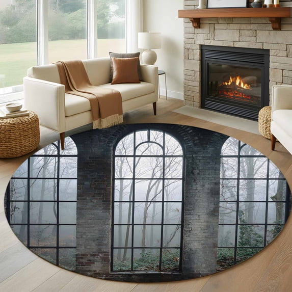 Round Rugs 8 Ft, Window Forest Non Slip Area Rugs for Kitchen Bedroom Entryway, Vintage Arched Black Green Washable Carpet Runner Rug Floor Mats for Bedroom Home Decor