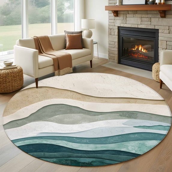 Round Rugs 8Ft, Beige Teal Ombre Round Area Rug Washable Indoor Throw Carpet, Modern Geometric Aesthetics Abstract Large Non Slip Circle Rug for Kids Room RV Home Decor Aesthetic