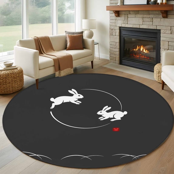 Round Rugs 8Ft, Black Modern Round Area Rug Washable Indoor Throw Carpet, Farmhouse Rabbit Abstract Art Large Non Slip Circle Rug for Kids Room RV Home Decor Aesthetic