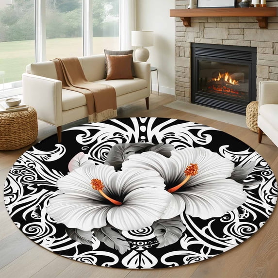 Round Rugs 8Ft, Black White Spring Floral Round Area Rug Washable Indoor Throw Carpet, Summer Botanical Modern Large Non Slip Circle Rug for Kids Room RV Home Decor Aesthetic