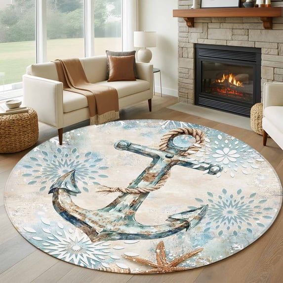 Round Rugs 8Ft, Blue Anchor Coastal Round Area Rug Washable Indoor Throw Carpet, Nautical Summer Beach Starfish Snowflake Large Non Slip Circle Rug for Kids Room RV Home Decor Aesthetic