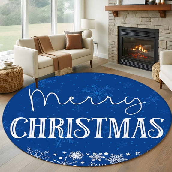 Round Rugs 8Ft, Blue Merry Christmas Round Area Rug Washable Indoor Throw Carpet, Xmas Winter Snowflake Blue White Large Non Slip Circle Rug for Kids Room RV Home Decor Aesthetic