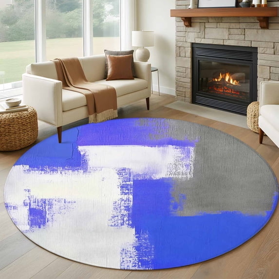 Round Rugs 8Ft, Blue Purple Gray Round Area Rug Washable Indoor Throw Carpet, Abstract Geometric Oil Painted Contemporary Large Non Slip Circle Rug for Kids Room RV Home Decor Aesthetic