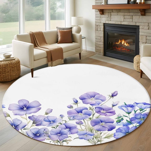 Round Rugs 8Ft, Blue Spring Floral Round Area Rug Washable Indoor Throw Carpet, Summer Botanical Watercolor Flower Large Non Slip Circle Rug for Kids Room RV Home Decor Aesthetic