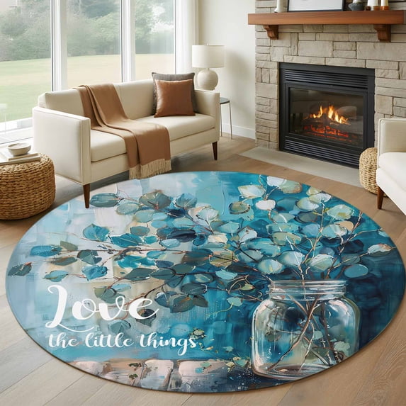 Round Rugs 8Ft, Blue Teal Spring Floral Round Area Rug Washable Indoor Throw Carpet, Modern Botanical Oil Painting Art Large Non Slip Circle Rug for Kids Room RV Home Decor Aesthetic