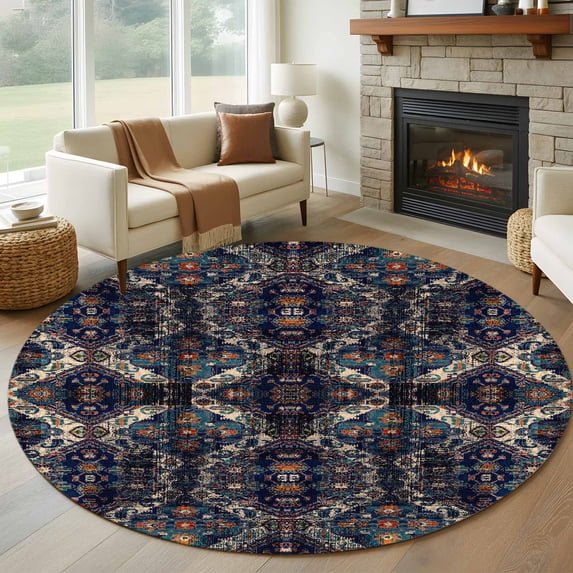 Round Rugs 8Ft, Boho Black Blue Round Area Rug Washable Indoor Throw Carpet, Modern Abstract Geometric Retro Large Non Slip Circle Rug for Kids Room RV Home Decor Aesthetic