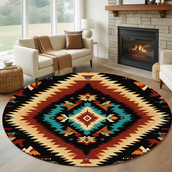 Round Rugs 8Ft, Boho Orange Teal Round Area Rug Washable Indoor Throw Carpet, Southwestern Abstract Geometric Ethnic Large Non Slip Circle Rug for Kids Room RV Home Decor Aesthetic