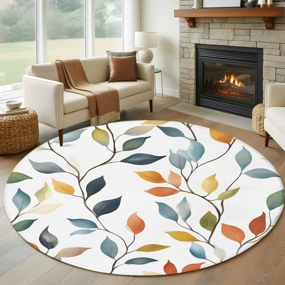 Round Rugs 8Ft, Colorful Leaf Round Area Rug Washable Indoor Throw Carpet, Pastoral Botanical Summer Spring Large Non Slip Circle Rug for Kids Room RV Home Decor Aesthetic