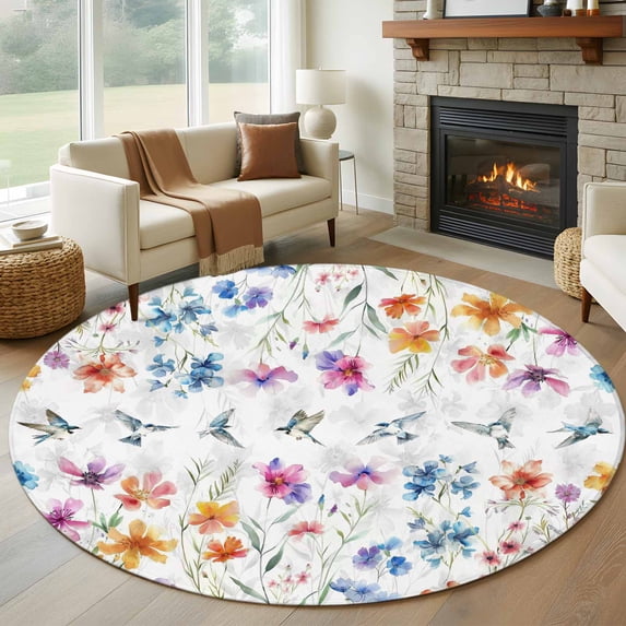 Round Rugs 8Ft, Colorful Spring Floral Round Area Rug Washable Indoor Throw Carpet, Summer Botancial Watercolor Birds Large Non Slip Circle Rug for Kids Room RV Home Decor Aesthetic