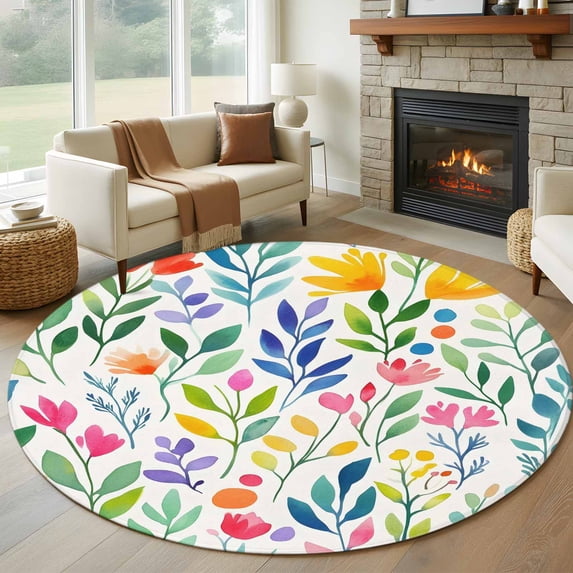 Round Rugs 8Ft, Colorful Spring Floral Round Area Rug Washable Indoor Throw Carpet, Summer Botanical Abstract Art Flower Large Non Slip Circle Rug for Kids Room RV Home Decor Aesthetic