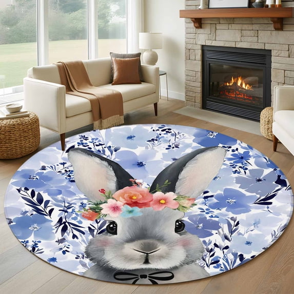 Round Rugs 8Ft, Easter Bunny Round Area Rug Washable Indoor Throw Carpet, Spring Purple Flowers Rabbit Pastoral Plants Large Non Slip Circle Rug for Kids Room RV Home Decor Aesthetic