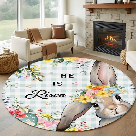 Round Rugs 8Ft, Easter Plaid Round Area Rug Washable Indoor Throw Carpet, Spring Watercolor Bunny Flower Teal Checkered Large Non Slip Circle Rug for Kids Room RV Home Decor Aesthetic