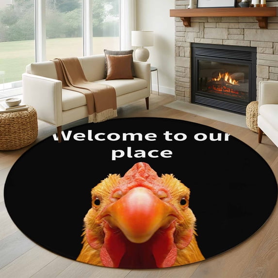 Round Rugs 8Ft, Funny Chicken Round Area Rug Washable Indoor Throw Carpet, Welcome To OUR Place Modern Retro Large Non Slip Circle Rug for Kids Room RV Home Decor Aesthetic