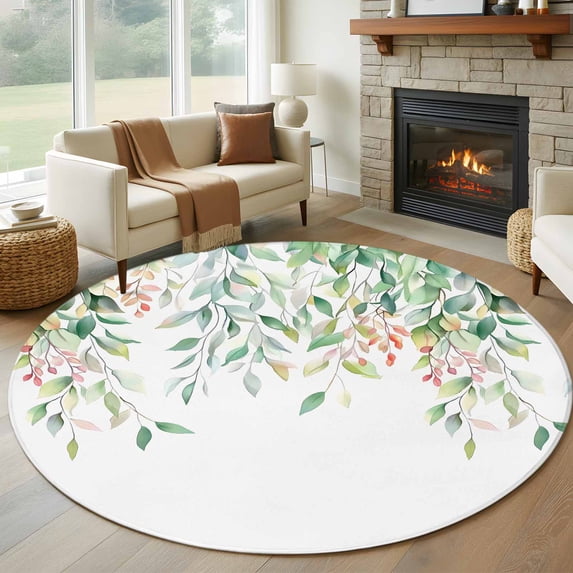 Round Rugs 8Ft, Green Botanical Round Area Rug Washable Indoor Throw Carpet, Spring Floral Summer Eucalyptus Leaves Large Non Slip Circle Rug for Kids Room RV Home Decor Aesthetic