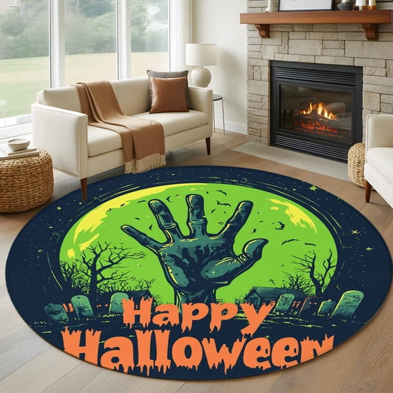 Round Rugs 8Ft, Green Halloween Round Area Rug Washable Indoor Throw Carpet, Moon Night Tree Bat Large Non Slip Circle Rug for Kids Room RV Home Decor Aesthetic