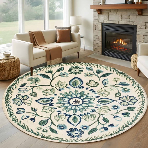 Round Rugs 8Ft, Green Teal Boho Round Area Rug Washable Indoor Throw Carpet, Southwestern Vintage Ethnic Floral Large Non Slip Circle Rug for Kids Room RV Home Decor Aesthetic
