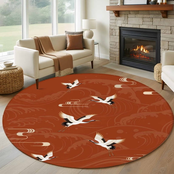 Round Rugs 8Ft, Japanese Style Round Area Rug Washable Indoor Throw Carpet, Vintage Art Cranes Ocean Wave Red Large Non Slip Circle Rug for Kids Room RV Home Decor Aesthetic