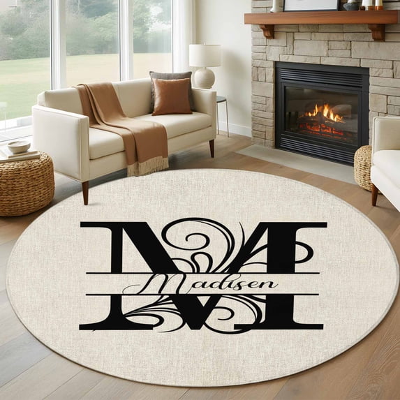 Round Rugs 8Ft, Letter M Round Area Rug Washable Indoor Throw Carpet, Monogram Words Large Non Slip Circle Rug for Kids Room RV Home Decor Aesthetic