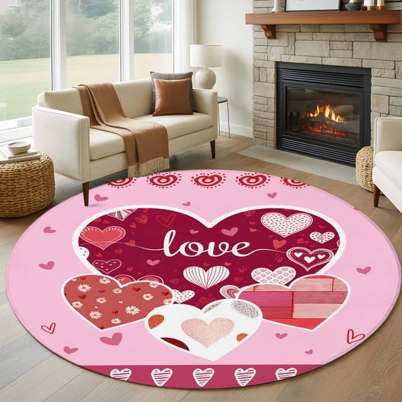 Round Rugs 8Ft, Pink Valentines Day Round Area Rug Washable Indoor Throw Carpet, Love Hearts Romantic Farmhouse Large Non Slip Circle Rug for Kids Room RV Home Decor Aesthetic