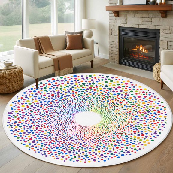 Round Rugs 8Ft, Polka Dot Round Area Rug Washable Indoor Throw Carpet, Art Watercolor Rainbow Colorful Large Non Slip Circle Rug for Kids Room RV Home Decor Aesthetic