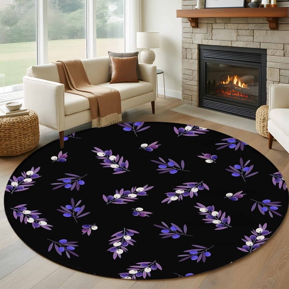 Round Rugs 8Ft, Purple Olive Fruits Round Area Rug Washable Indoor Throw Carpet, Spring Farm Branches Leaves Plants Black Large Non Slip Circle Rug for Kids Room RV Home Decor Aesthetic