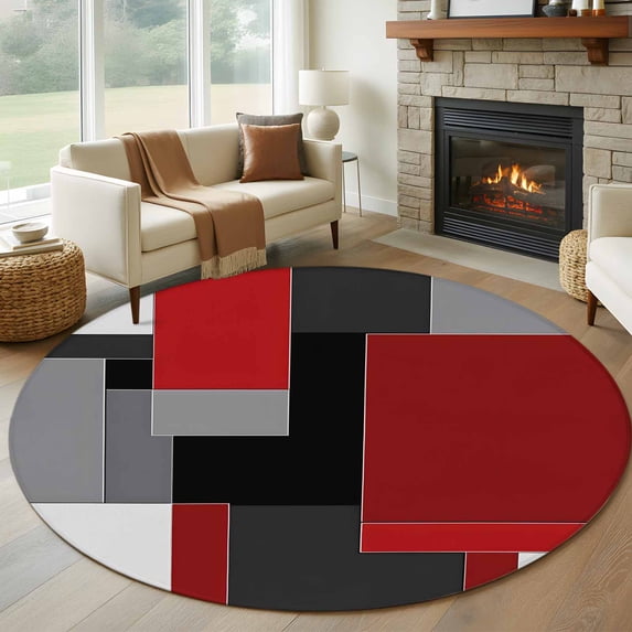 Round Rugs 8Ft, Red Black Grey Geometric Round Area Rug Washable Indoor Throw Carpet, Abstract Modern Irregular Large Non Slip Circle Rug for Kids Room RV Home Decor Aesthetic