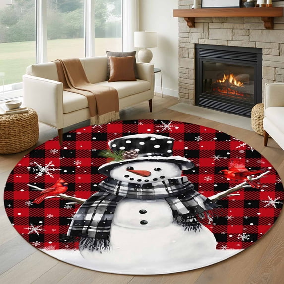 Round Rugs 8Ft, Red Black Plaid Snowman Christmas Round Area Rug Washable Indoor Throw Carpet, Xmas Snowflake Birds Large Non Slip Circle Rug for Kids Room RV Home Decor Aesthetic