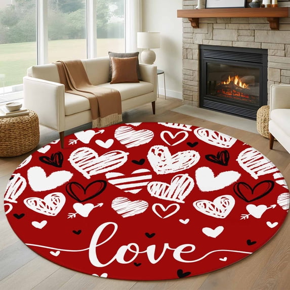Round Rugs 8Ft, Red Love Valentines Round Area Rug Washable Indoor Throw Carpet, Black White Love Heart Large Non Slip Circle Rug for Kids Room RV Home Decor Aesthetic