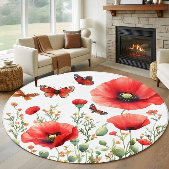 Round Rugs 8Ft, Red Spring Floral Round Area Rug Washable Indoor Throw Carpet, Pastoral Butterfly Botanical Summer Large Non Slip Circle Rug for Kids Room RV Home Decor Aesthetic