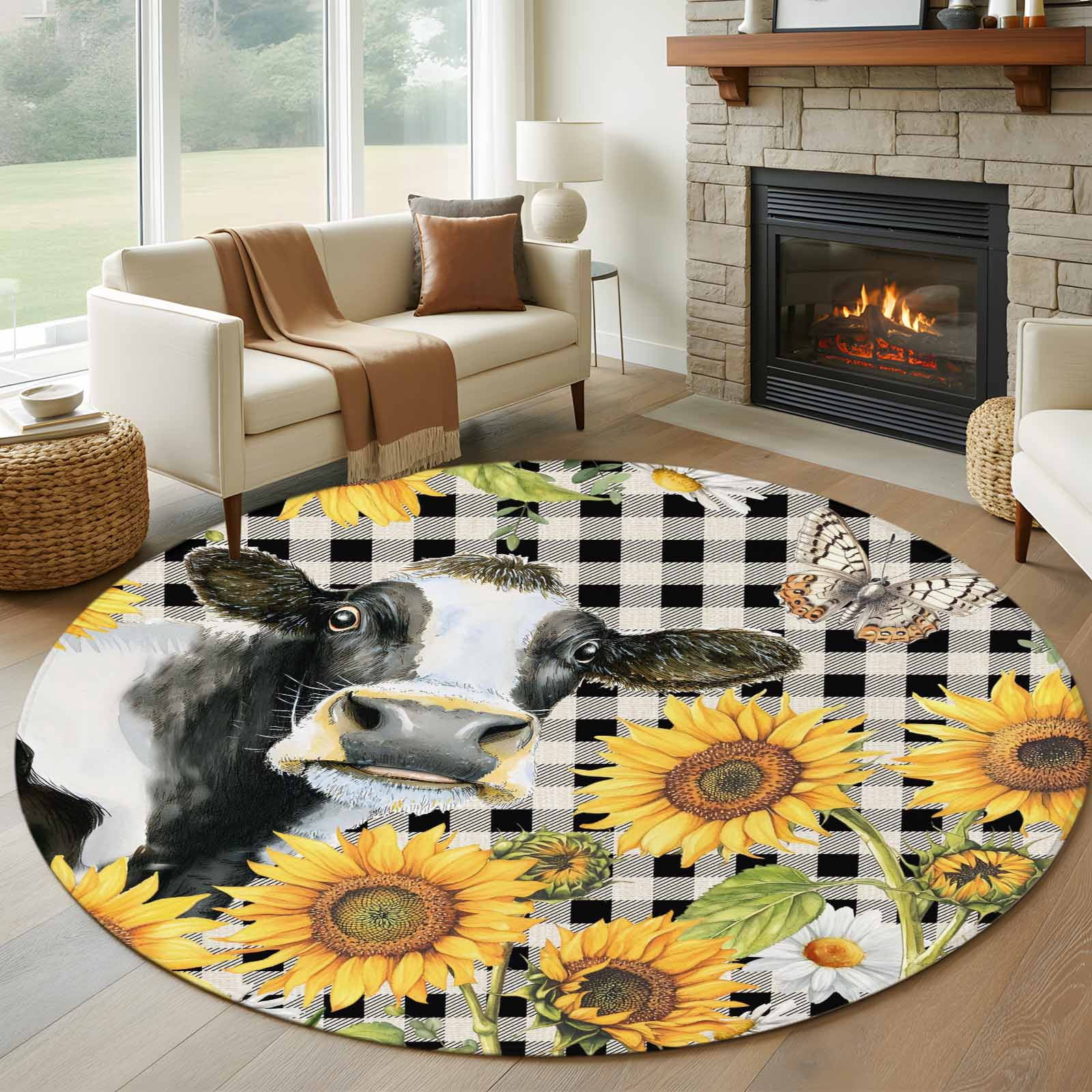 Round Rugs 8Ft, Retro Sunflowers Round Area Rug Washable Indoor Throw ...