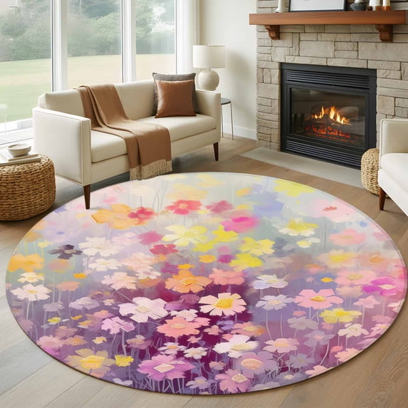 Round Rugs 8Ft, Spring Floral Round Area Rug Washable Indoor Throw Carpet, Modern Oil Painted Daisy Botanical Elegant Large Non Slip Circle Rug for Kids Room RV Home Decor Aesthetic