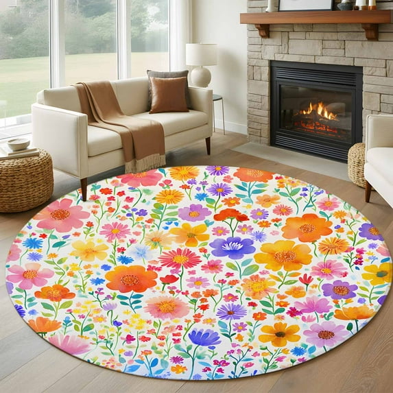 Round Rugs 8Ft, Spring Floral Round Area Rug Washable Indoor Throw Carpet, Watercolor Colorful Botanical Summer Large Non Slip Circle Rug for Kids Room RV Home Decor Aesthetic