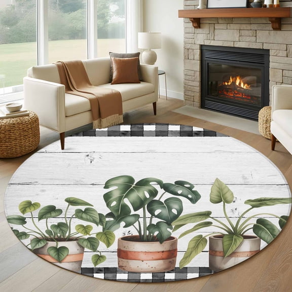Round Rugs 8Ft, Spring Round Area Rug Washable Indoor Throw Carpet, Farmhouse Pots Plant Leaves Wood Plank Black Plaid Large Non Slip Circle Rug for Kids Room RV Home Decor Aesthetic