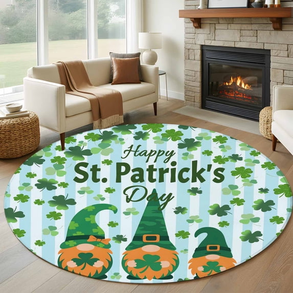 Round Rugs 8Ft, St. Patrick's Day Round Area Rug Washable Indoor Throw Carpet, Gnomes Shamrock Clovers Blue Stripes Large Non Slip Circle Rug for Kids Room RV Home Decor Aesthetic