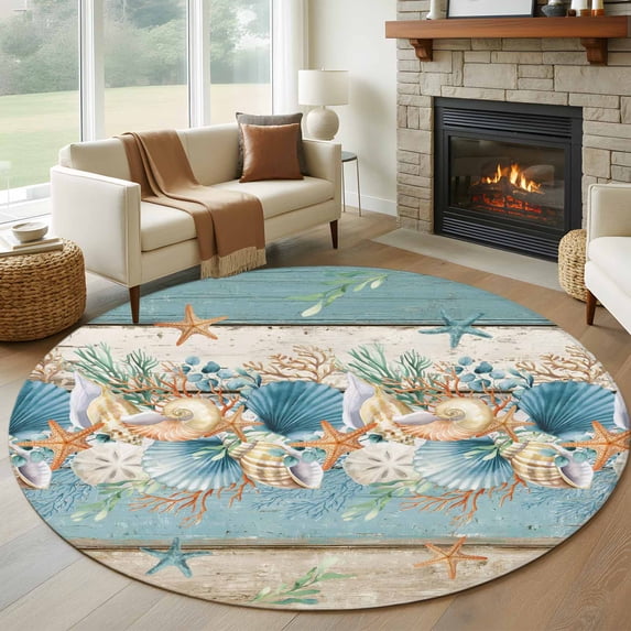 Round Rugs 8Ft, Teal Blue Brown Beach Coastal Round Area Rug Washable Indoor Throw Carpet, Nautical Shell Starfish Coral Summer Large Non Slip Circle Rug for Kids Room RV Home Decor Aesthetic