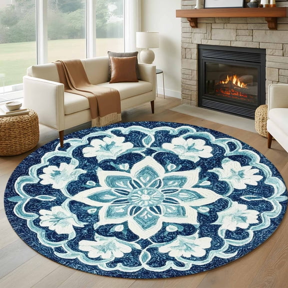 Round Rugs 8Ft, Teal Navy Blue Boho Round Area Rug Washable Indoor Throw Carpet, Vintage Ethnic Floral Southwestern Large Non Slip Circle Rug for Kids Room RV Home Decor Aesthetic
