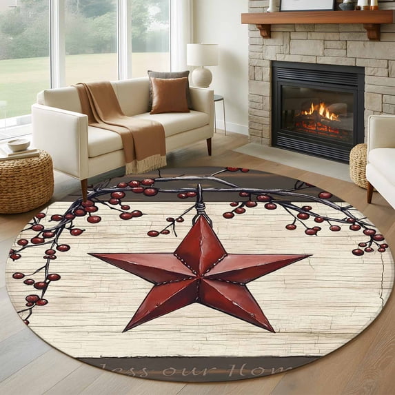 Round Rugs 8Ft, Texas Star Red Round Area Rug Washable Indoor Throw Carpet, Farmhouse Berry Wooden Vintage Large Non Slip Circle Rug for Kids Room RV Home Decor Aesthetic
