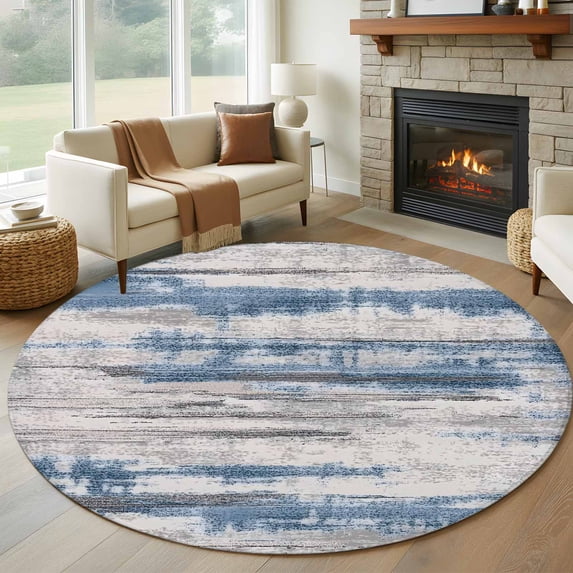 Round Rugs 8Ft, Vintage Blue Grey Round Area Rug Washable Indoor Throw Carpet, Modern Retro Abstract Art Large Non Slip Circle Rug for Kids Room RV Home Decor Aesthetic