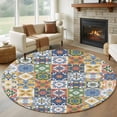 thumbnail image 1 of Round Rugs 8Ft, Vintage Mediterranean Round Area Rug Washable Indoor Throw Carpet, Blue and Yellow Tiles Texture Large Non Slip Circle Rug for Kids Room RV Home Decor Aesthetic, 1 of 8