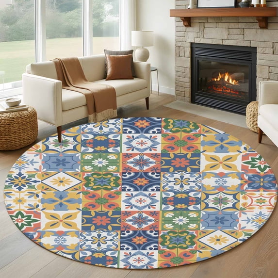 Round Rugs 8Ft, Vintage Mediterranean Round Area Rug Washable Indoor Throw Carpet, Blue and Yellow Tiles Texture Large Non Slip Circle Rug for Kids Room RV Home Decor Aesthetic