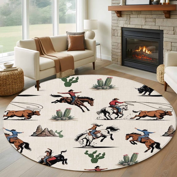 Round Rugs 8Ft, Western Cowboys Round Area Rug Washable Indoor Throw Carpet, Beige Vintage Country Cactus Large Non Slip Circle Rug for Kids Room RV Home Decor Aesthetic
