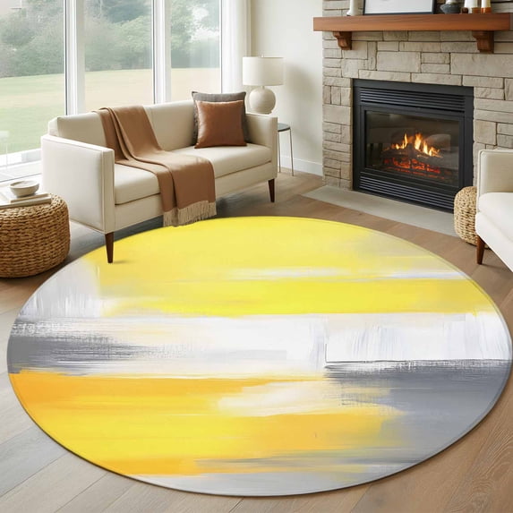 Round Rugs 8Ft, Yellow Grey Round Area Rug Washable Indoor Throw Carpet, Modern Oil Painted Art Abstract Large Non Slip Circle Rug for Kids Room RV Home Decor Aesthetic
