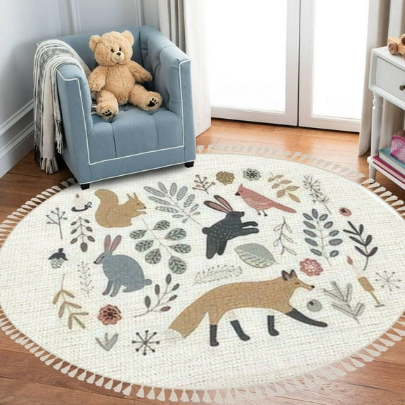 Round Rugs Hand Drawn Scandinavian Style Set Forest Animals  Clip Boho Area Rug Linen and Cotton Carpet Meditation Rug Washable Hallway Runner Mat Accent Rug for Bedroom Bathroom 3ft