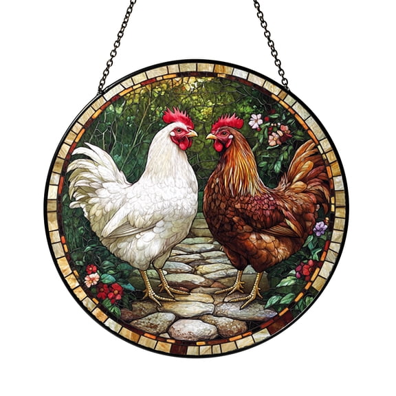 Round Rustic Chicken Design Stained Glass Style Decorative Window Panel, Hanging Art