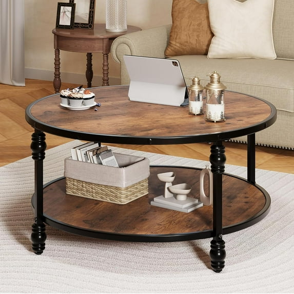 Round Rustic Coffee Table with Storage Shelf, 34.5" Wood Circle Center Table with Sturdy Metal Legs for Living Room