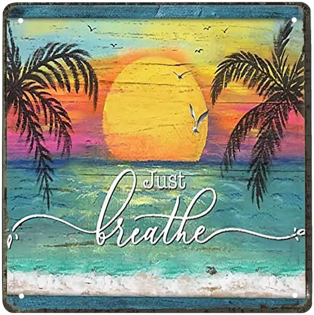 Round Rustic Plaque Sign Sunrise Wall Art Just Breathe Ocean Sunset Old ...